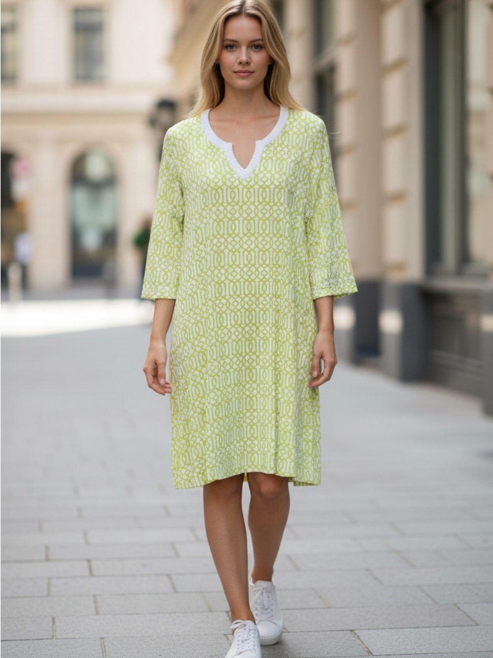Lulu-B Lime Geometric V-Notch Midi Dress
